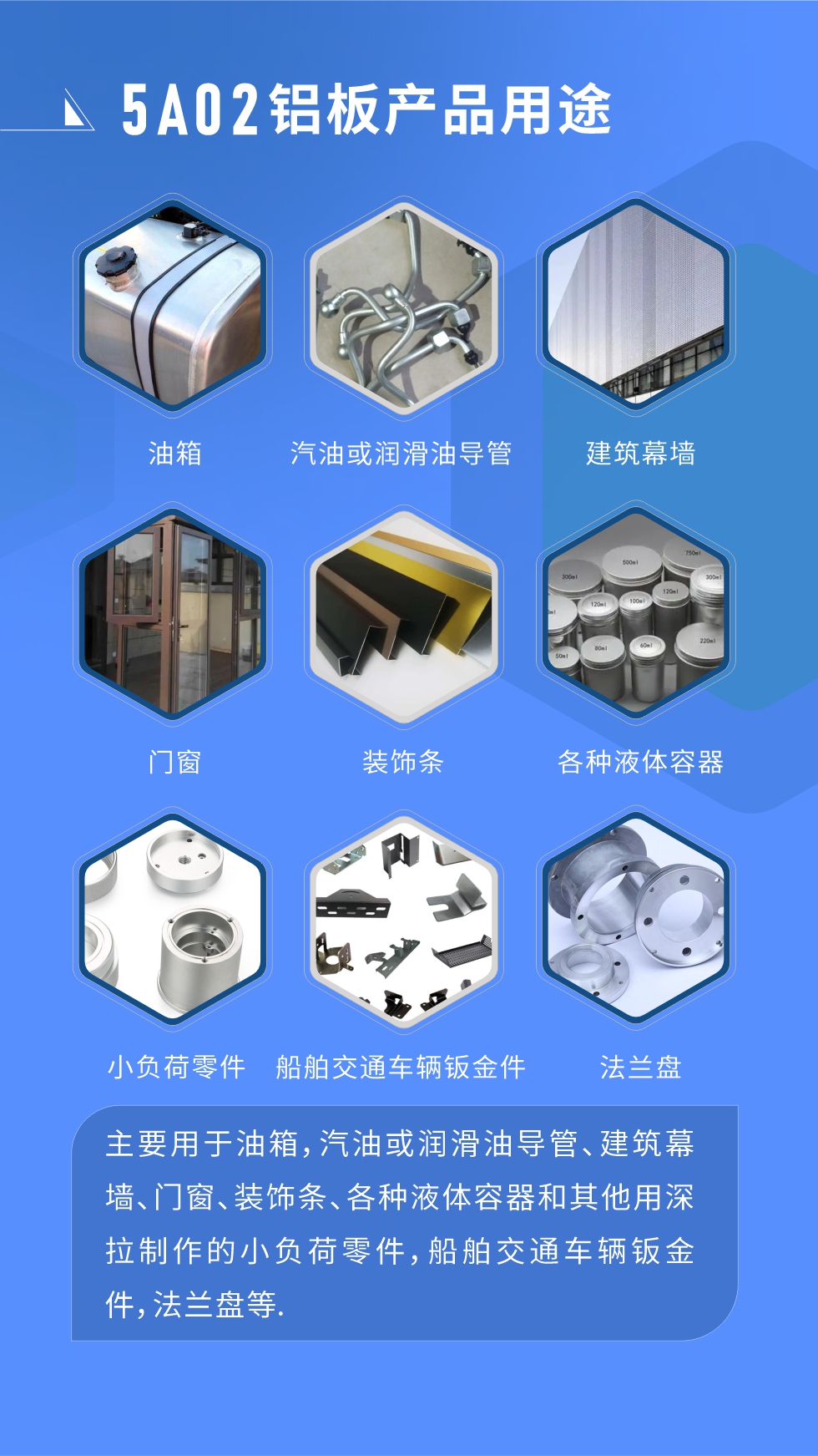 5A02鋁板產(chǎn)品用途:
主要用于油箱，汽油或潤滑油導(dǎo)管、建筑幕墻、門窗、裝飾條、各種液體容器和其他用深拉制作的小負荷零件，船舶交通車輛鈑金件，法蘭盤等.
