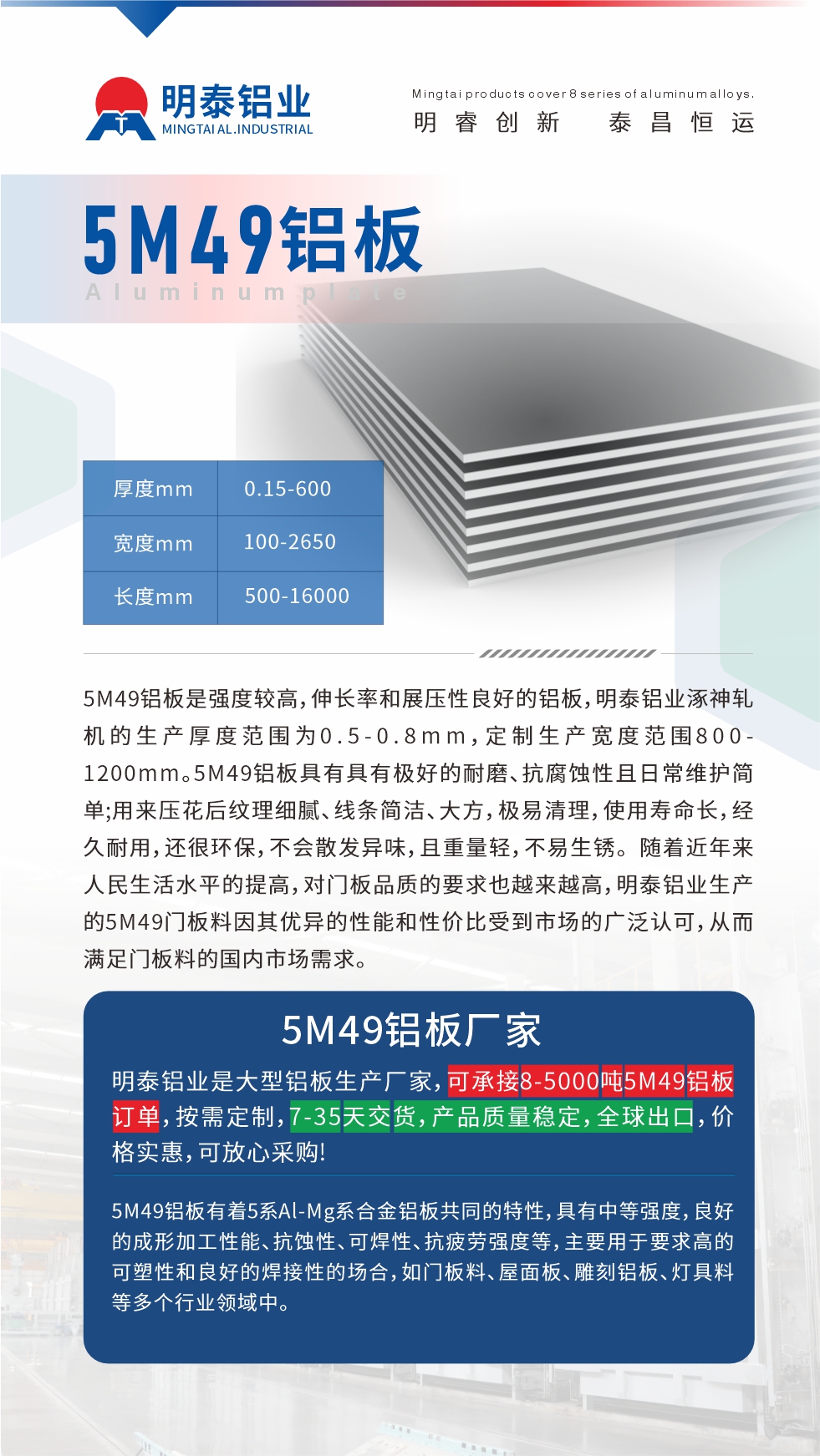 5M49鋁板是強(qiáng)度較高，伸長(zhǎng)率和展壓性良好的鋁板，明泰鋁業(yè)涿神軋機(jī)的生產(chǎn)厚度范圍為0.5-0.8mm，定制生產(chǎn)寬度范圍800-1200mm。5M49鋁板具有具有極好的耐磨、抗腐蝕性且日常維護(hù)簡(jiǎn)單;用來(lái)壓花后紋理細(xì)膩、線條簡(jiǎn)潔、大方，極易清理，使用壽命長(zhǎng)，經(jīng)久耐用，還很環(huán)保，不會(huì)散發(fā)異味，且重量輕，不易生銹。 隨著近年來(lái)人民生活水平的提高，對(duì)門板品質(zhì)的要求也越來(lái)越高，明泰鋁業(yè)生產(chǎn)的5M49門板料因其優(yōu)異的性能和性價(jià)比受到市場(chǎng)的廣泛認(rèn)可，從而滿足門板料的國(guó)內(nèi)市場(chǎng)需求。
