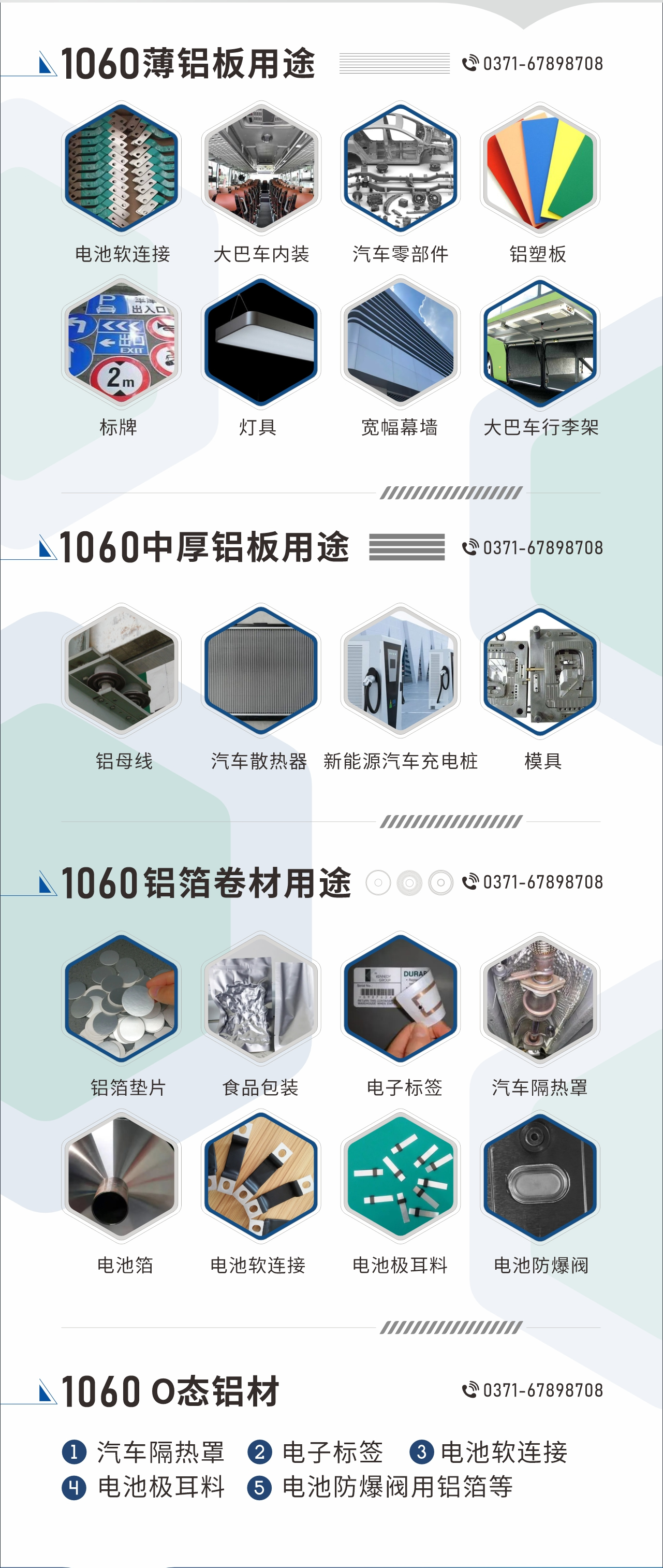 1060鋁板卷用途
　　1060鋁薄板用途： 電池軟連接、大巴車內裝、汽車零部件、鋁塑板、標牌、燈具、寬幅幕墻、大巴車行李架/地板/花紋板(宇通公司使用)等;1060中厚鋁板用途：鋁母線、汽車散熱器、新能源汽車充電樁、模具等;1060鋁箔卷材用途：鋁箔墊片、食品包裝、電子標簽、汽車隔熱罩用鋁箔、電池箔、電池軟連接、電池極耳料、電池防爆閥等;1060-O態鋁材用途：汽車隔熱罩、電子標簽、電池軟連接、電池極耳料、電池防爆閥用鋁箔等;1060鋁板多少錢1噸.1060鋁板價格=發貨當天長江鋁錠價+加工費