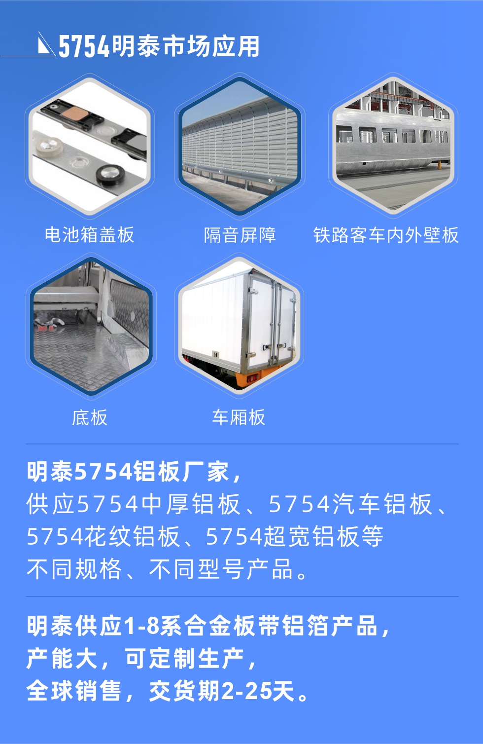 明泰5754鋁板優(yōu)勢(shì)

　　1、可焊接性能強(qiáng)，焊接裂縫的傾向低，焊縫和基體金屬的強(qiáng)度高。

　　2、表面的氧化物較少，軋制板材的表面質(zhì)量好，光滑無裂紋，無腐蝕斑點(diǎn)和硝鹽痕跡。

　　3、5754鋁板屬于中高強(qiáng)度的鋁合金，疲勞性能和耐腐蝕性能好。

　　4、可根據(jù)客戶需求定制不同厚度、不同版型的5754鋁板產(chǎn)品。

　　5754鋁板生產(chǎn)以及包裝要求
　　1、表面不允許有裂紋、腐蝕斑點(diǎn)和硝鹽痕跡。

　　2、表面上允許有深度不超過缺陷所在部位壁厚公稱尺寸8%的起皮、氣泡、表面粗超和局部機(jī)械損傷，但缺陷深度不能超過0.5mm,缺陷總面積不超過板材總面積的5%。

　　3、允許供貨方沿型材縱向打光至表面光滑。

　　4、其他要求：有需求方和供貨方自己擬定。

