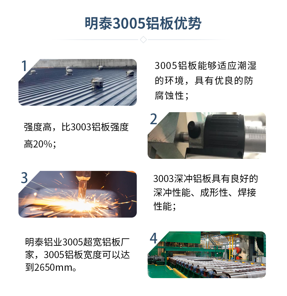 　　明泰3005鋁板優(yōu)勢
　　1、3005鋁板能夠適應(yīng)潮濕的環(huán)境，具有優(yōu)良的防腐蝕性；
　　2、強(qiáng)度高，比3003鋁板強(qiáng)度高20%；
　　3、3003深沖鋁板具有良好的深沖性能、成形性、焊接性能；
　　4、明泰鋁業(yè)3005超寬鋁板廠家，3005鋁板寬度可以達(dá)到2650mm。